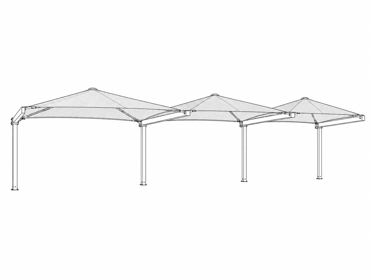Repeating cantilever bays, connected in a row