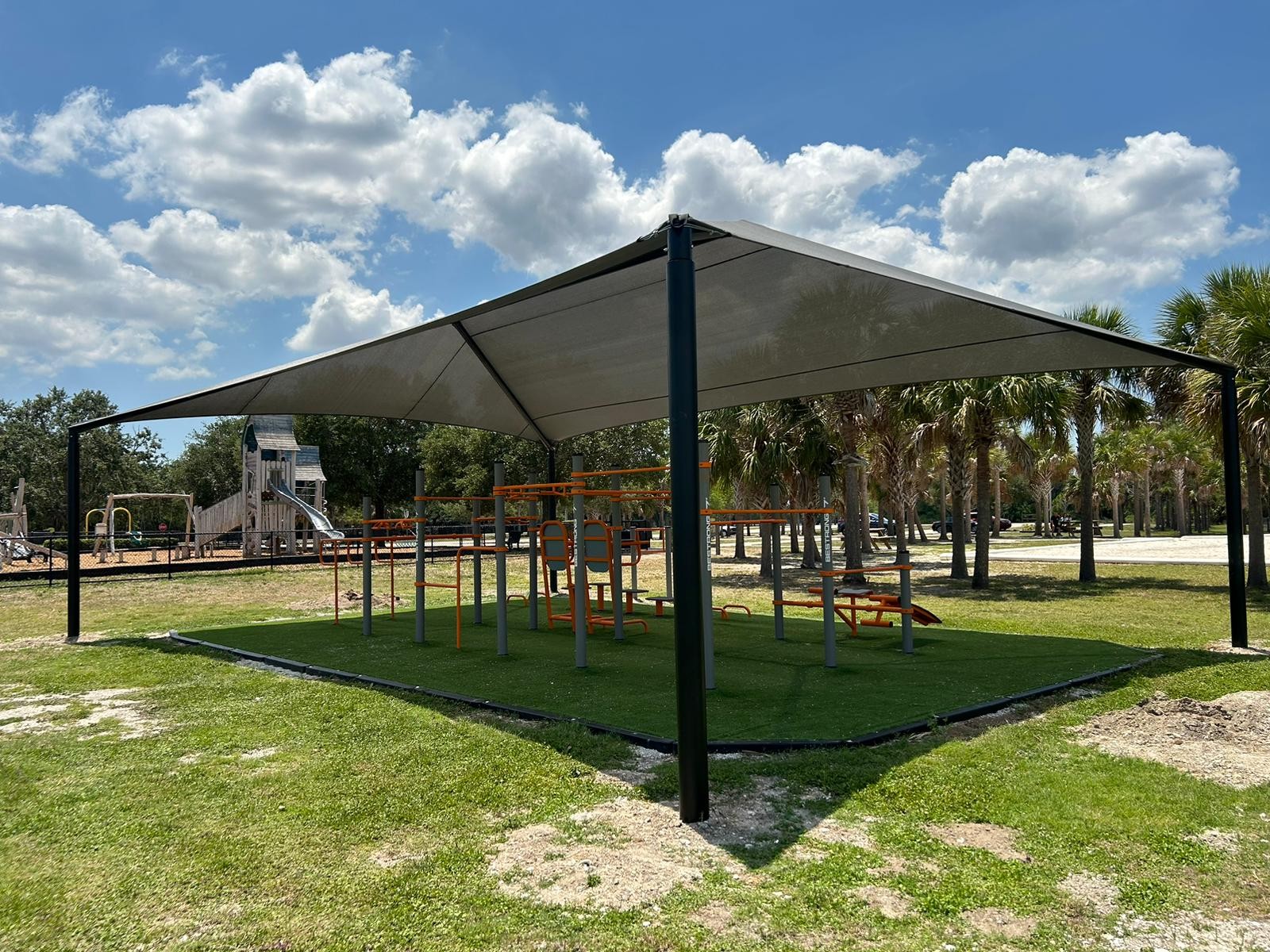 Hip Shade canopy over outdoor fitness equipment